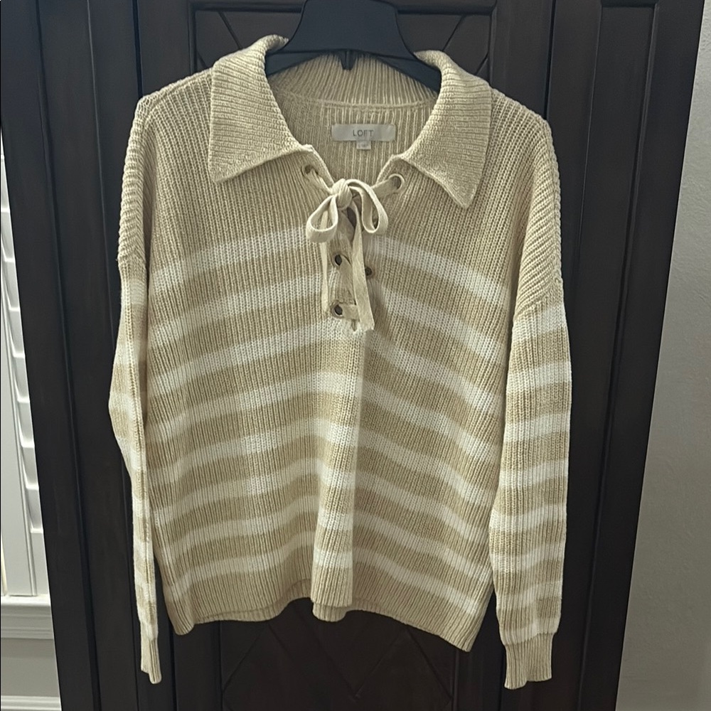 Loft beige & white stripe, lace up V neck sweater Size S